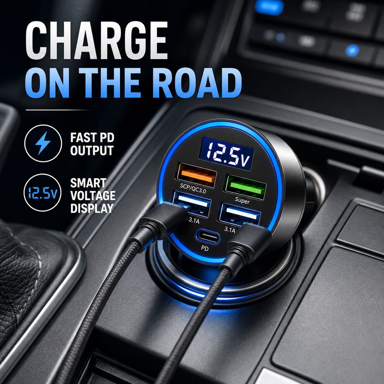 3.1a Dual Type-c Display Digital 5 Em 1 Carregador USB De Carro De Carregamento Rápido Para Smartphones Tablets Power Ba