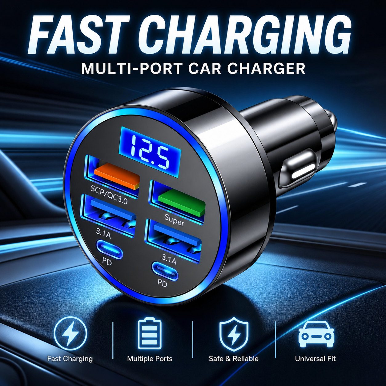 C5-6 Em 1 ‐ Adaptador Rápido Para Carro Dual Type C 3.1A Digital Display Portátil Smartphone Tablet Power Bank