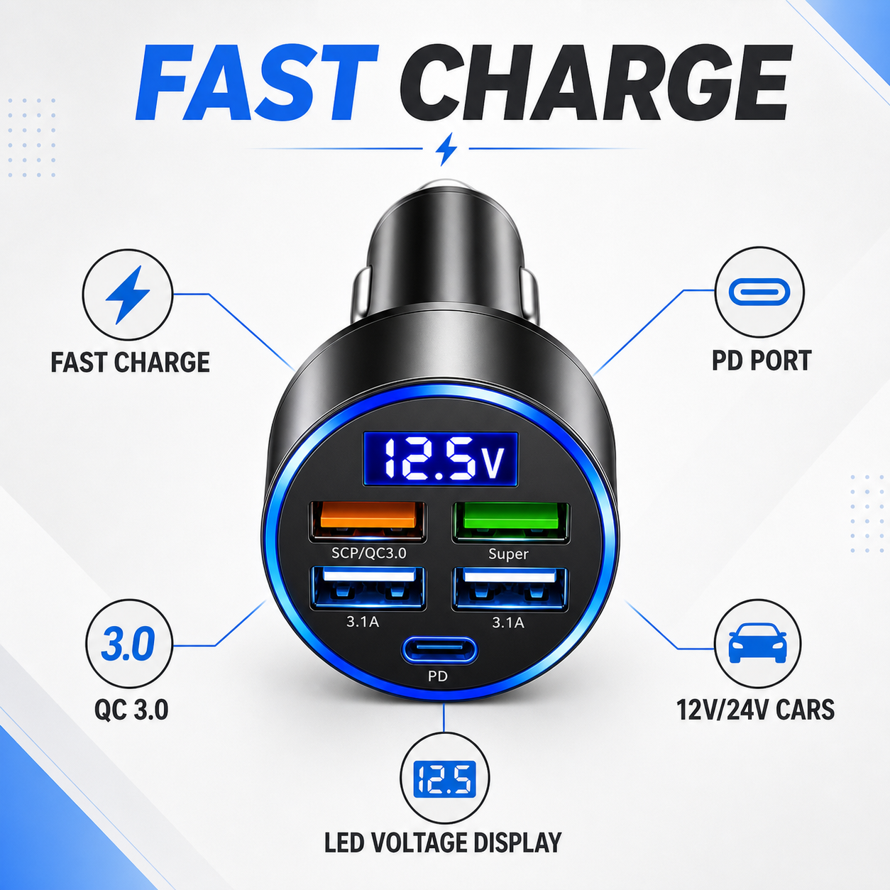 USB ‐ Digital Real Time Voltage Car Charger QC30 PD Adaptador De Carregamento Rápido Para Smartphone Auto Electronics