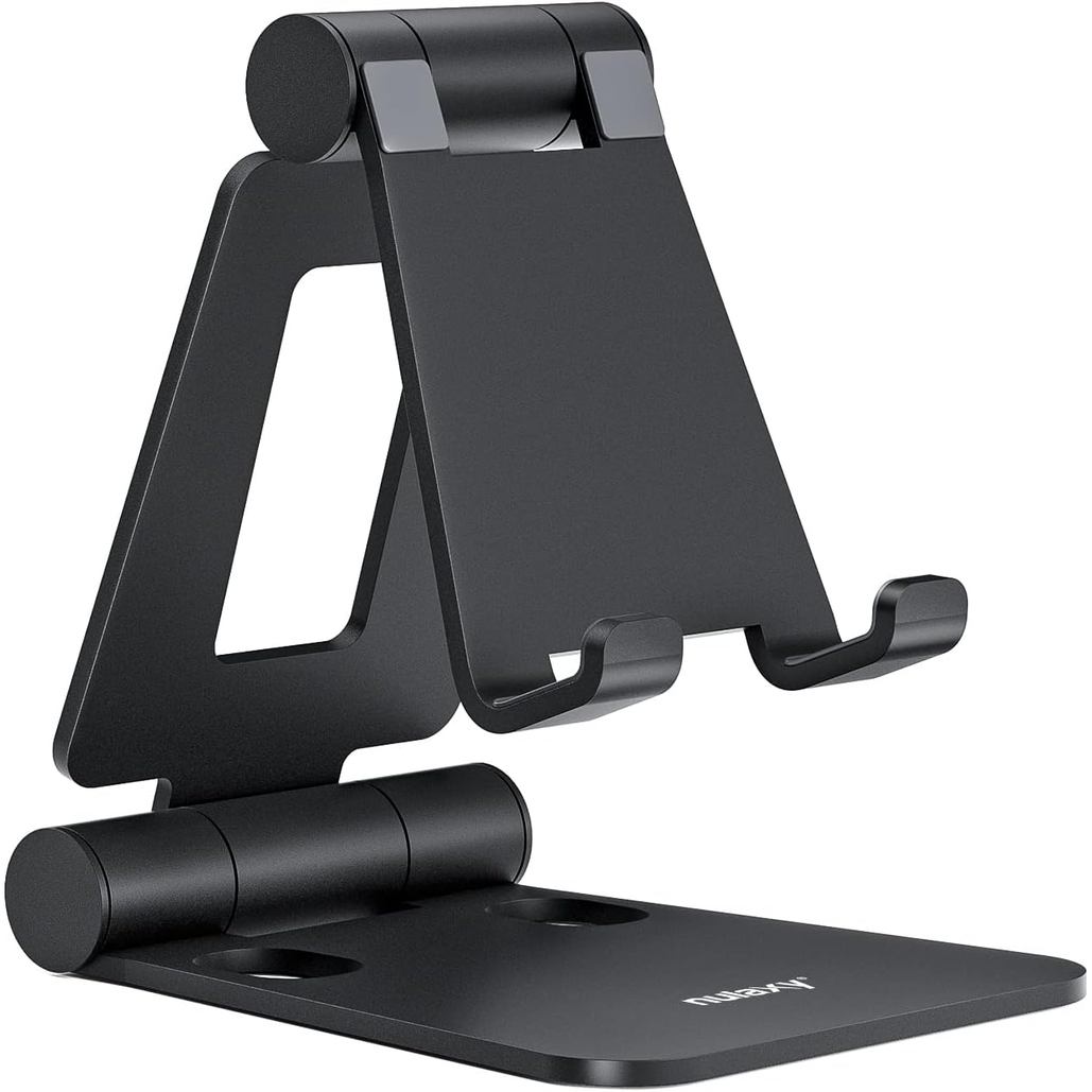 Nulaxy Full Aluminum Dual Folding Cell Phone Stand for Desk, Black | Height Angle Adjustable, Portable, Anti-Slip Base,