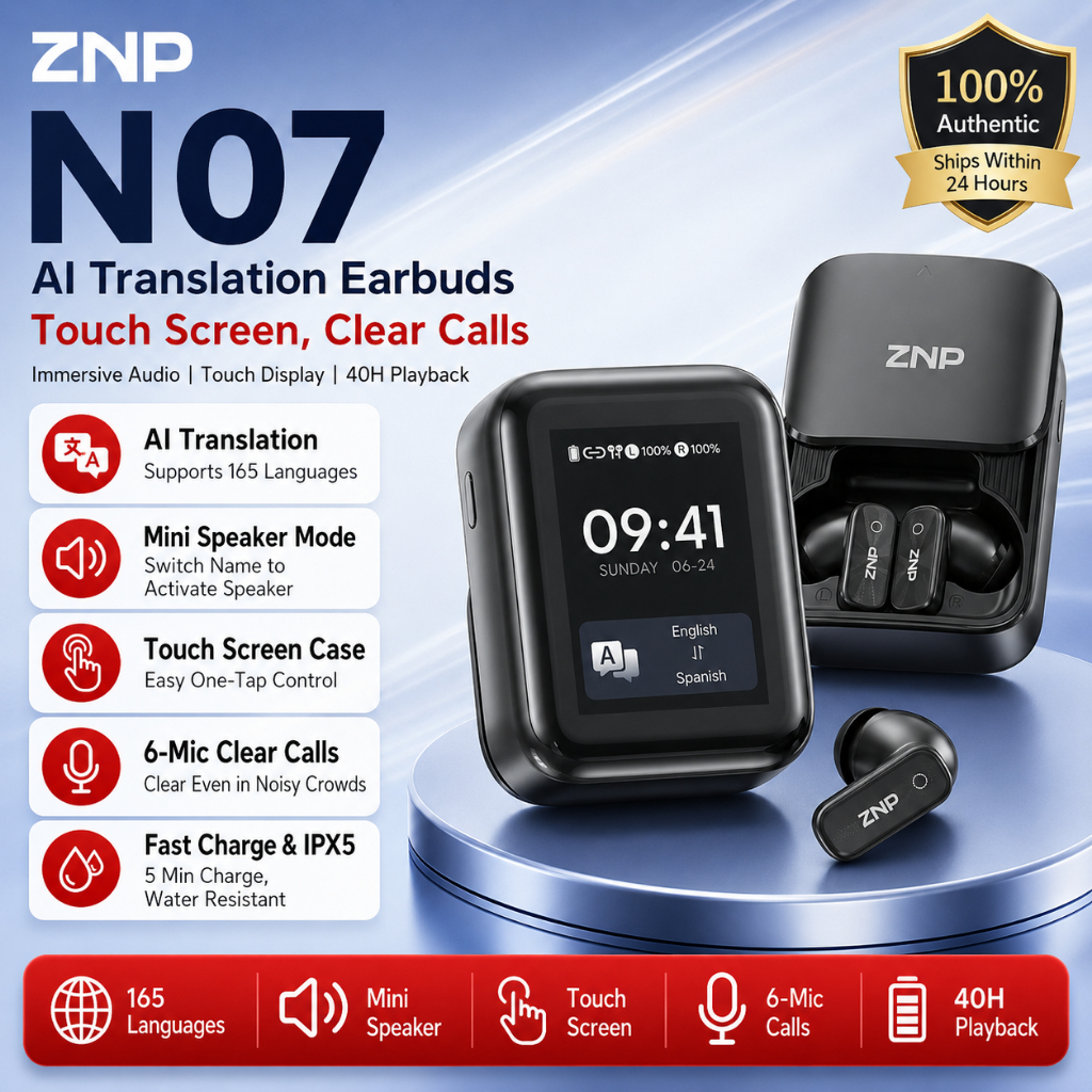 ZNP N07 AI Tradução Fones De Ouvido 165 Idiomas Tela De Toque Inteligente Bluetooth 6 Microfones Chamadas Claras Mini Al