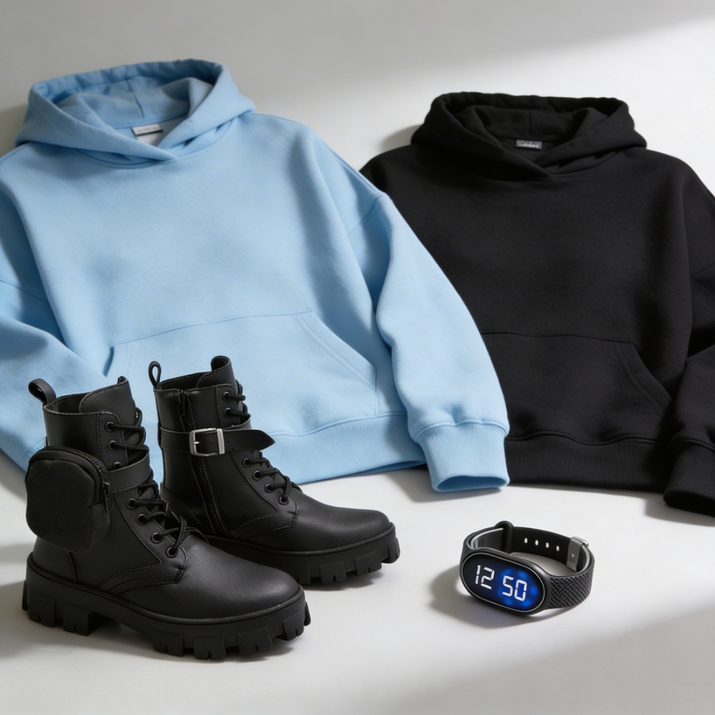 Promoção Kit Feminino Completo 2 Moletons Canguru + Bota Blogueirinha Tratorada Preta + Smartband Look Casual Inverno