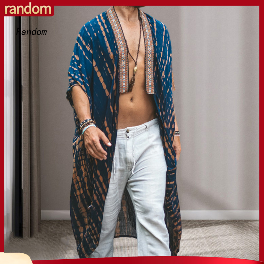 Foldable Men Jacket Lightweight Sun Protection Men's Retro Mid-length Beach Coat Loose Fit Open Front Long Outwear for S