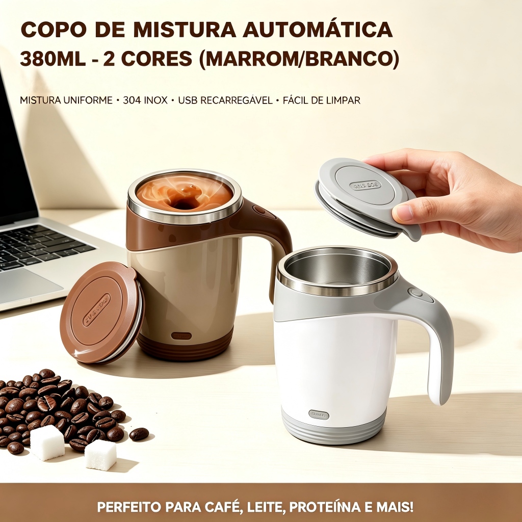 Caneca Mixer Magnética Automática 380ml, Recarregável USB,  Mistura Café, Whey e Shakes em Segundos