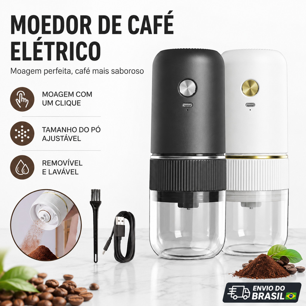Moedor de Café Elétrico Portátil Recarregável USB Ajuste de Moagem Removível e Lavável