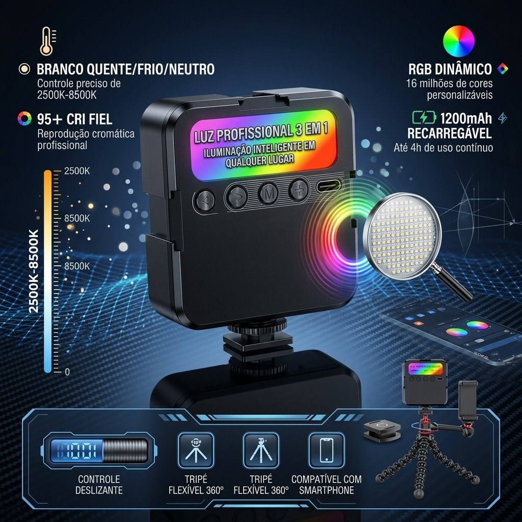 Luz de bolso RGB para fotografia e vídeo/Luz de bolso tricolor para fotografia com suporte