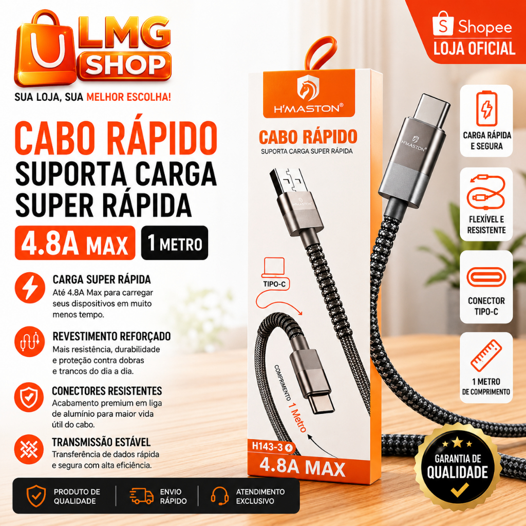 Cabo USB Tipo-C H'Mastonm Fast Charge 4.8A -  Reforçado Turbo 1 Metro Premium Samsung Apple PC Notebook - LMG Shop