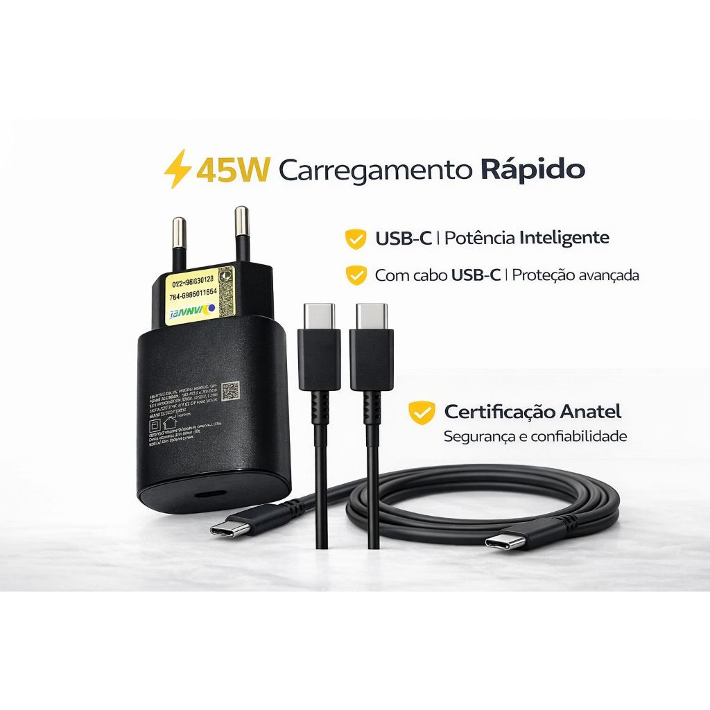 Carregador Turbo 45W Tipo-C Fast Compatível Galaxy S20 S21 S22 S23 S24 S25 Ultra/ Plus/ Note