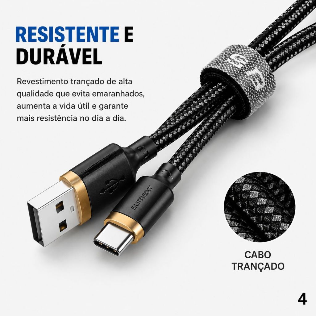 Cabo USB C Reforçado 3.1A Fast Charging Carregamento Rápido Alta Velocidade