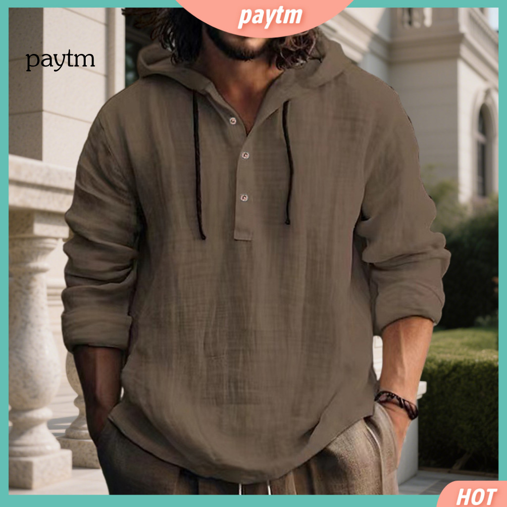 Retro Style Men Shirt Comfortable All-day Wear Top Men's Hooded T-shirt with Buttons Half Placket Adjustable Drawstring