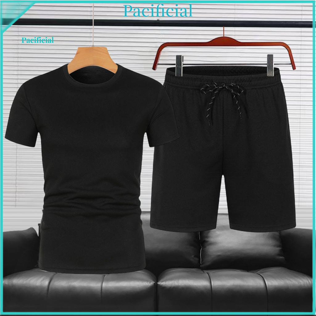 Fitness Suit Men Sportswear Set Men's 2pcs Casual Outfit Short Sleeve Round Neck T-shirt Adjustable Drawstring Shorts El