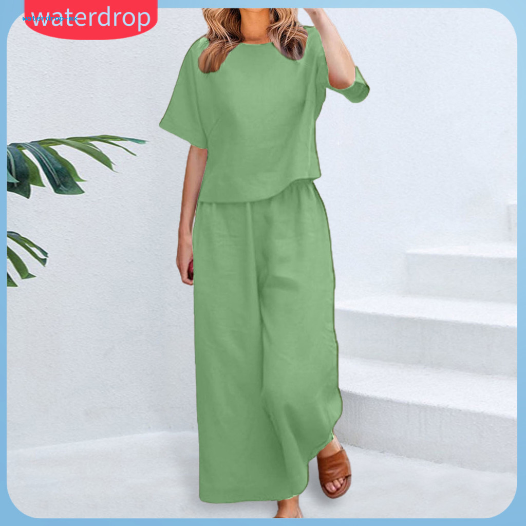 2 Pcs Women Casual Set Round Neck Short Sleeve T-shirt Adjustable Waist Wide Leg Pants Solid Color Summer Outfit Comfort