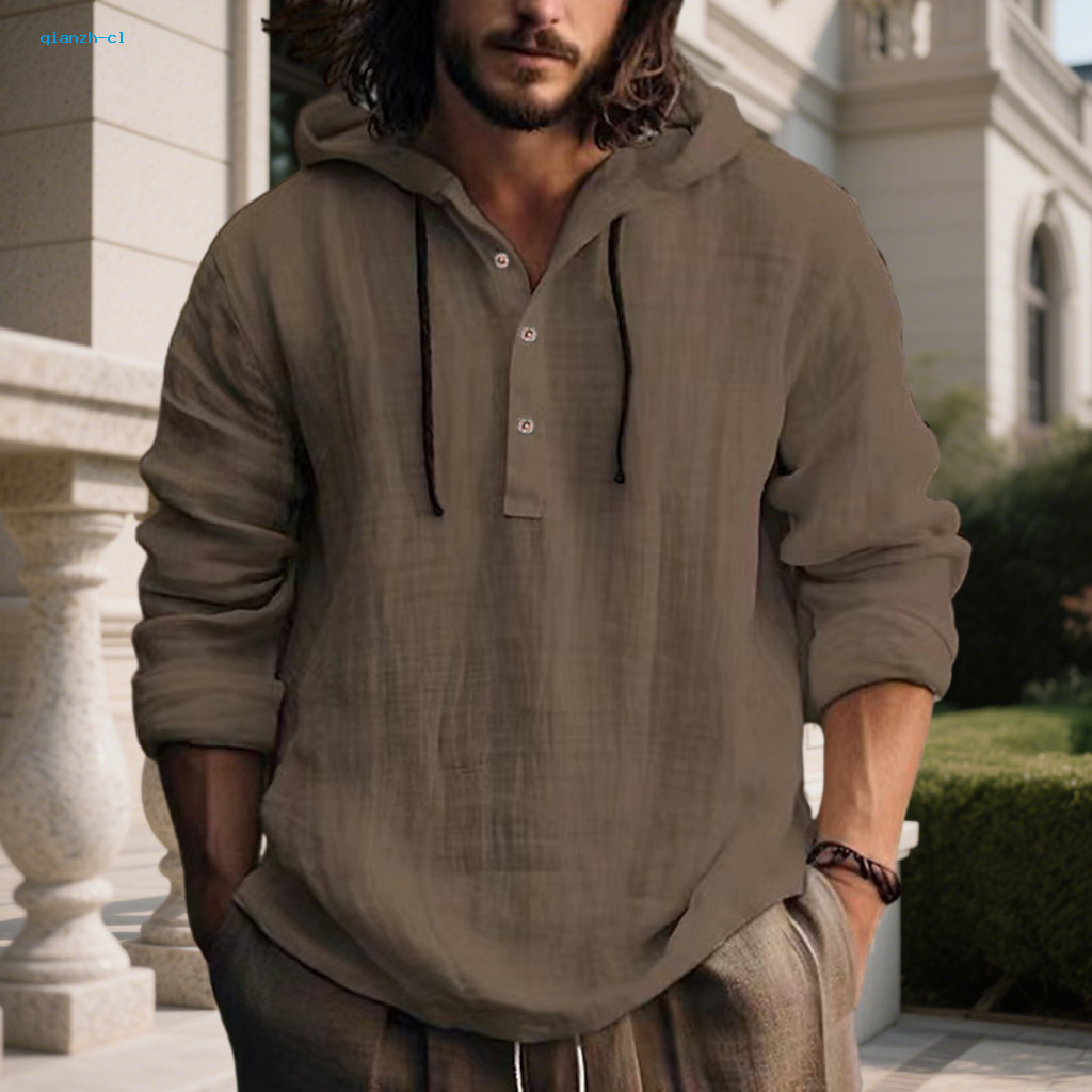 Sweat-free Men Casual Shirt Breathable Vintage Tops Men's Hooded T-shirt with Buttons Half Placket Adjustable Drawstring
