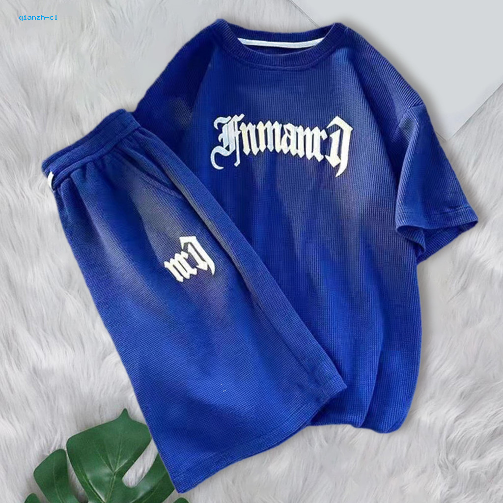 Men Sportswear Set T-shirt Shorts 2pcs Summer O-neck Short Sleeve Letter Print Elastic Waist Adjustable Drawstring Wide