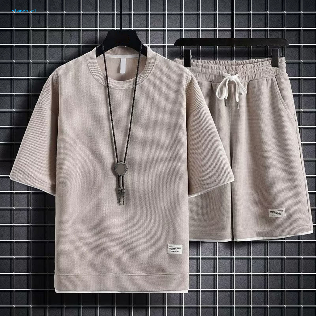 Men Sports Suit Set Summer Outfit 2pcs O-neck Short Sleeve T-shirt Elastic Waist Adjustable Drawstring Wide Leg Shorts W