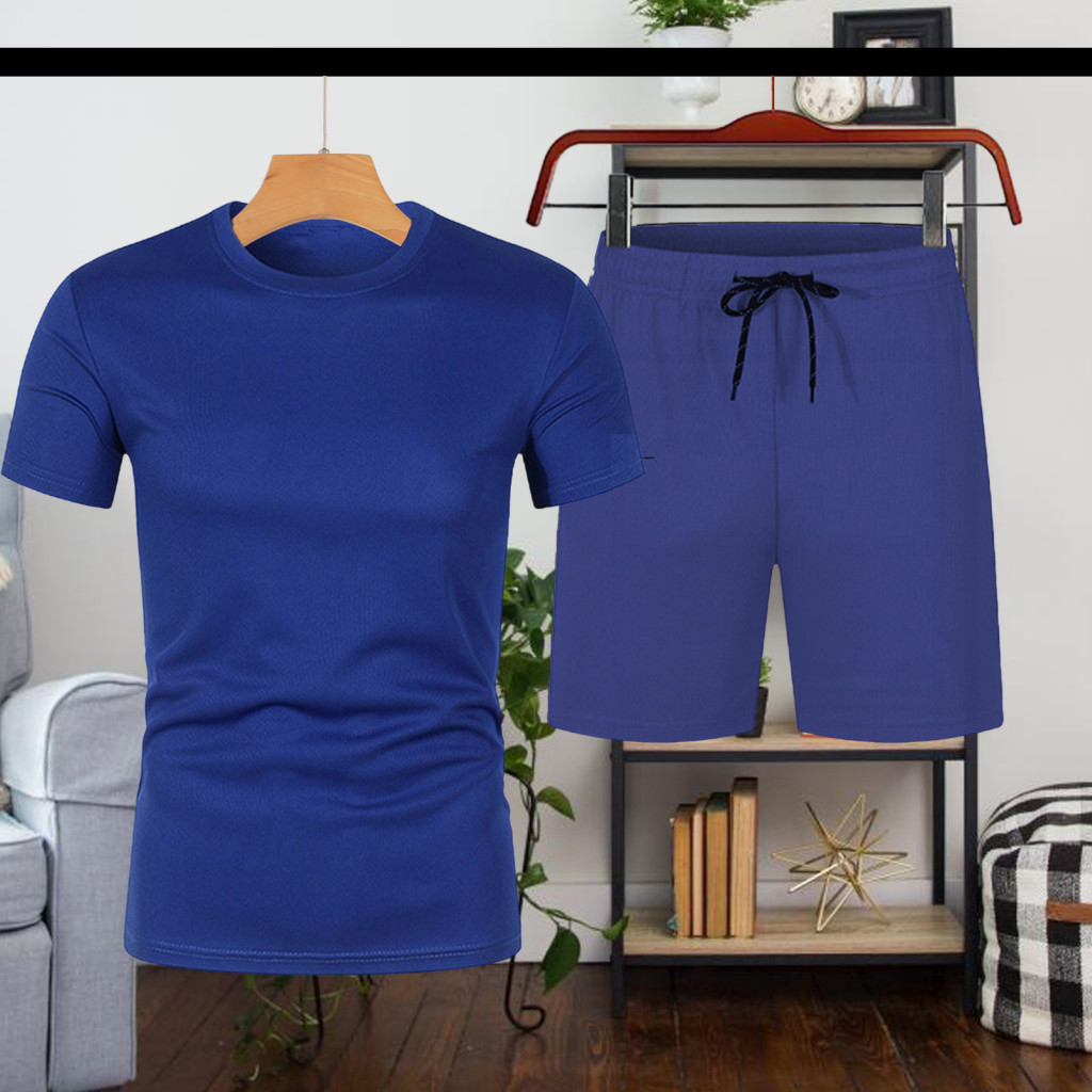 Sports Suit Workout Clothes Men's Sportswear Set 2pcs Casual Outfit Short Sleeve Round Neck T-shirt Adjustable Drawstrin
