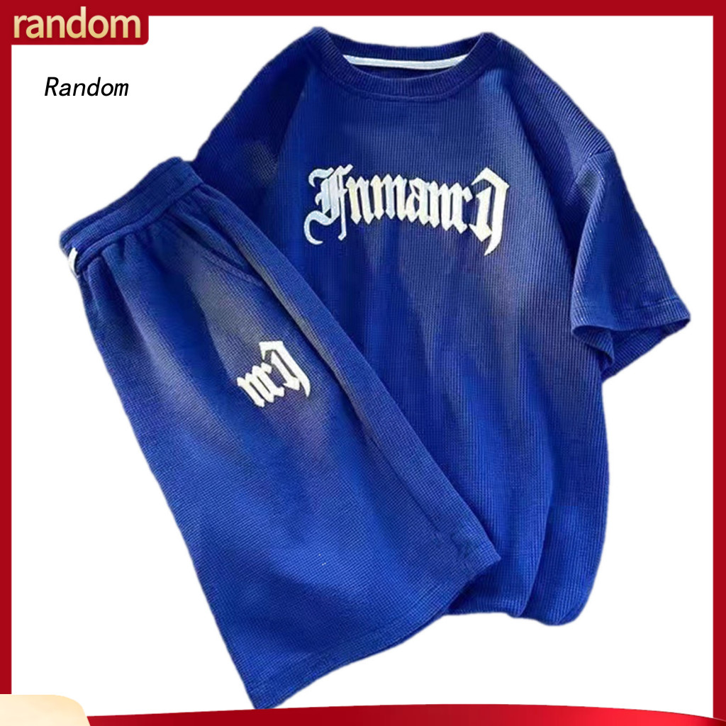 T-shirt Shorts Set Men Sportswear 2pcs Summer O-neck Short Sleeve Letter Print Elastic Waist Adjustable Drawstring Wide