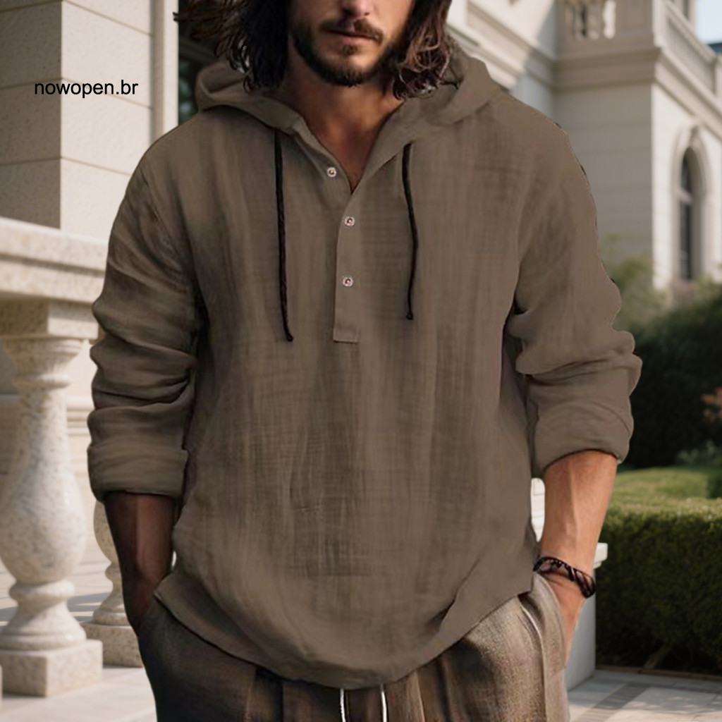 Breathable Men Vintage Tops Comfortable Loose Fit T-shirt Men's Hooded with Buttons Half Placket Adjustable Drawstring L