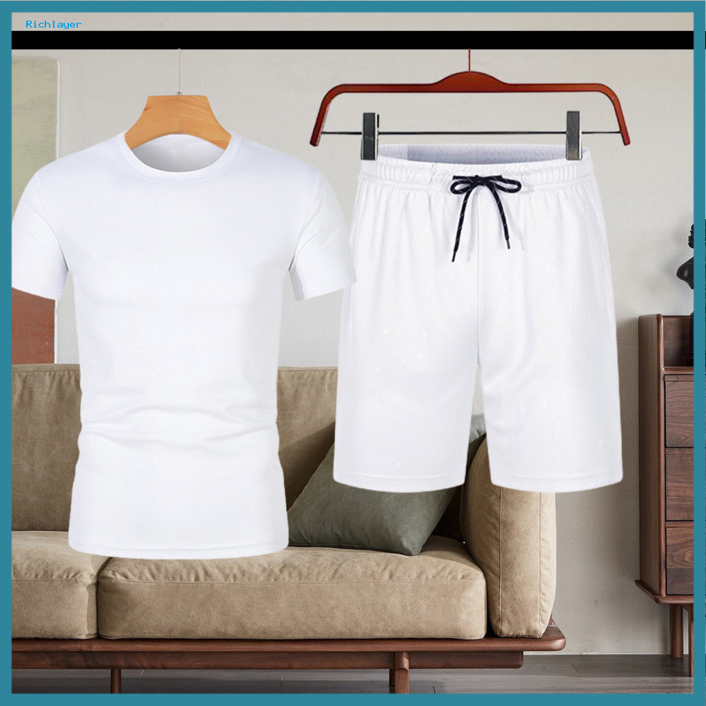 Men Sportswear Set Men's 2pcs Casual Outfit Short Sleeve Round Neck T-shirt Adjustable Drawstring Shorts Elastic Waist S