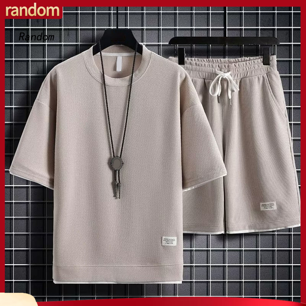 Summer Outfit Men Sports Suit Set 2pcs O-neck Short Sleeve T-shirt Elastic Waist Adjustable Drawstring Wide Leg Shorts W