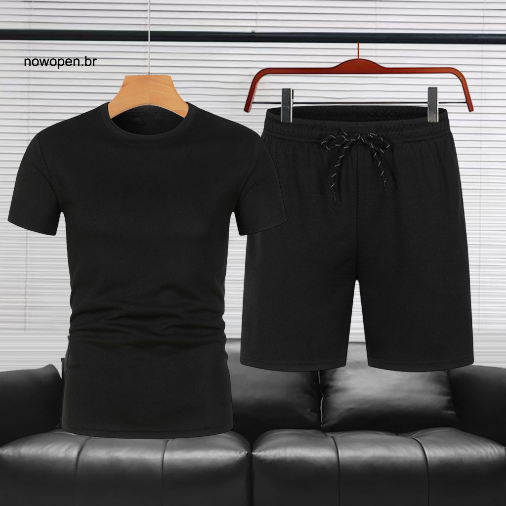 Men Sportswear Set Men's 2pcs Casual Outfit Short Sleeve Round Neck T-shirt Adjustable Drawstring Shorts Elastic Waist S