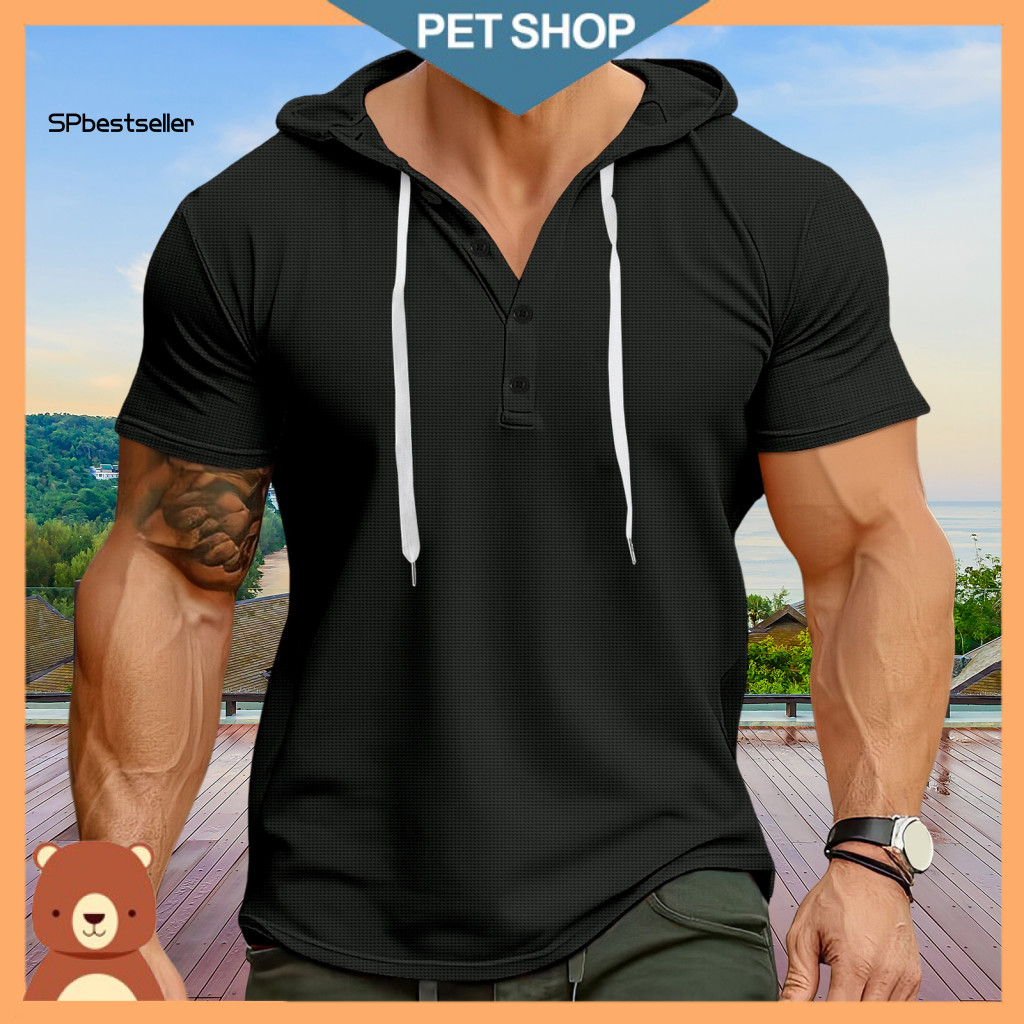 Men Adjustable Strap Hooded Top Beach T-shirt Men's Summer Short Sleeve Pullover Slim Fit Waffle Texture Casual Mid-leng