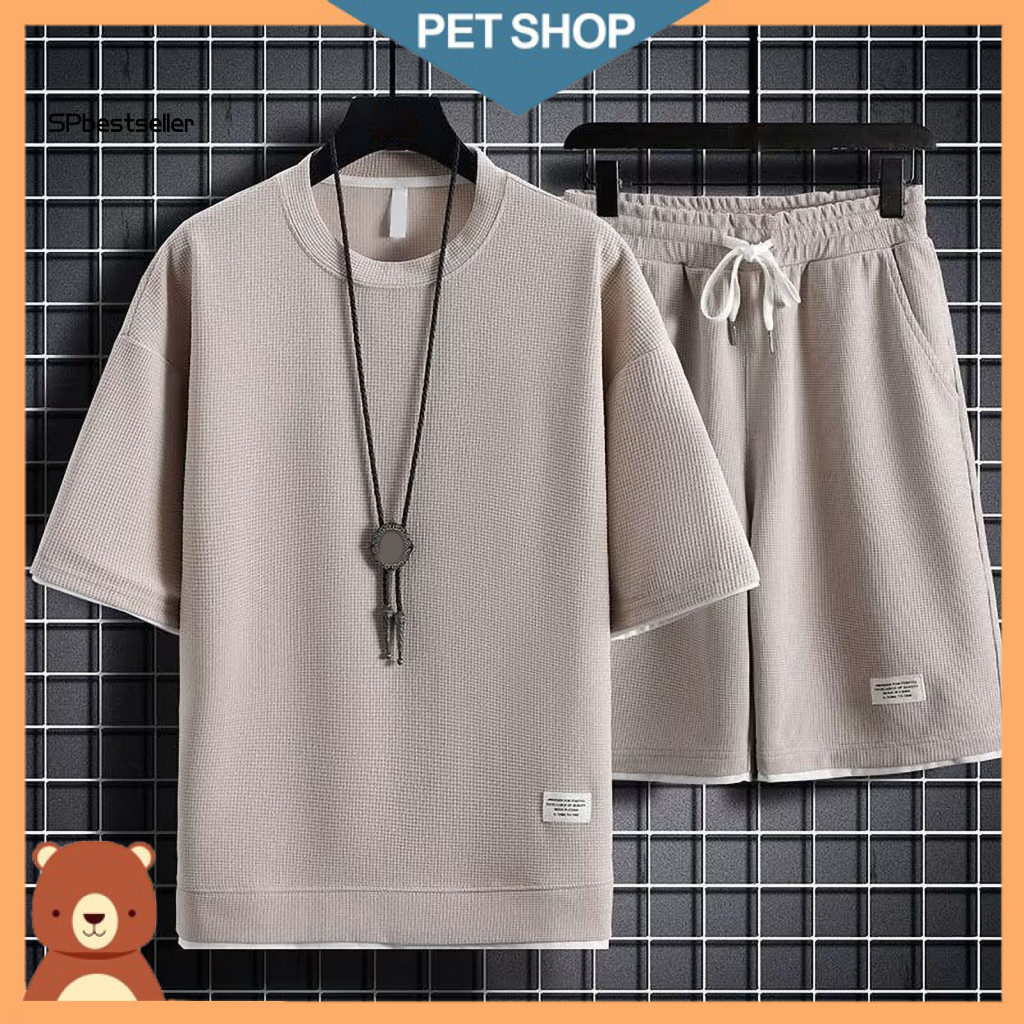Men Sports Suit Set Elastic Waist Shorts 2pcs Summer O-neck Short Sleeve T-shirt Adjustable Drawstring Wide Leg Waffle T