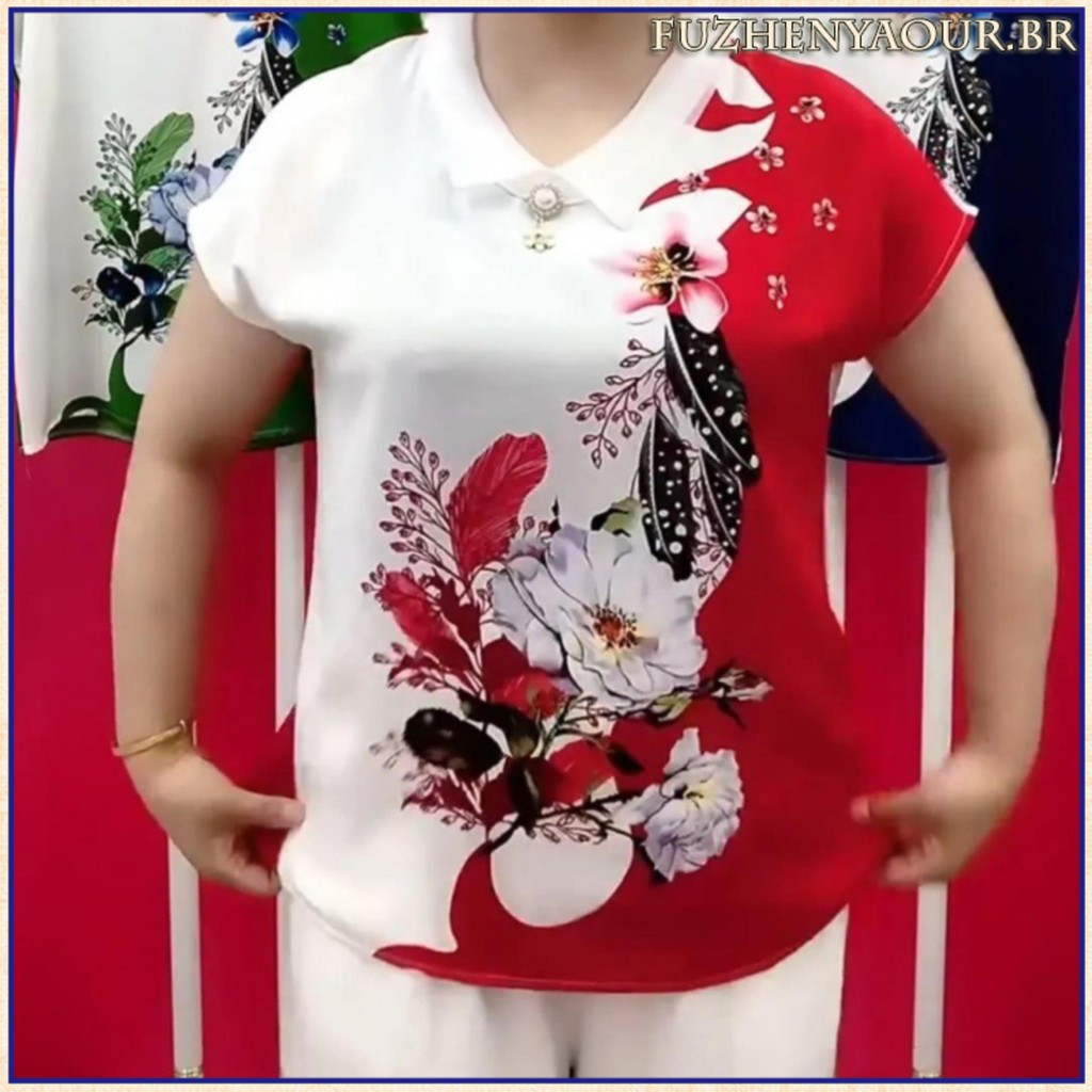 Women's Blouse with Adjustable Collar, Printed Short-Sleeved T-Shirt, Small, Young and Stylish, Loose Top L8R0 4871 3814