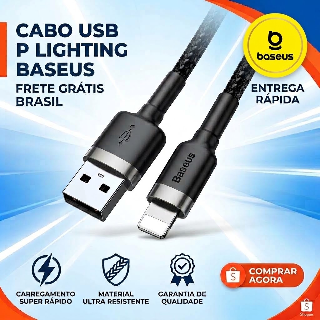 Baseus Cabo Usb p/ Lightning iPhone 2.4a 1m Trançado Reforçada Ultra Resistente iPhone 7 8 9 X 11 12 13 14 Pro Max