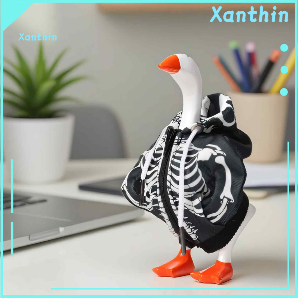 7-inch Table Goose Statue Outfit Halloween Sweatshirt Mini Costume 7 Inch Decoration with Skull Hoodie – Gift for Love