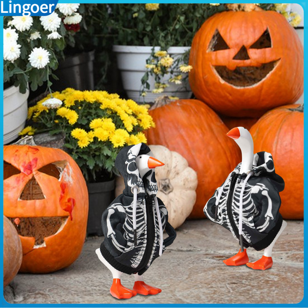 Halloween Mini Goose Costume 7 Inch Table Decoration with Skull Hoodie – Gift for Lovers Cute Desk Ornament for Party