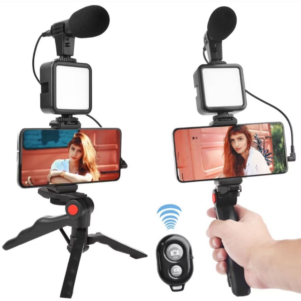 Kit Youtuber Vlog Live Tripé Celular Suporte Led E Microfone Com controle Bluetooth Video-Making Kit AY-49