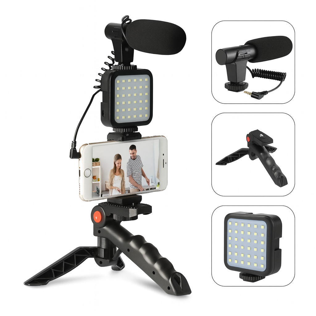 Kit Completo Fotografia e Vídeo luz LED microfone tripé dobrável suporte celular bluetooth