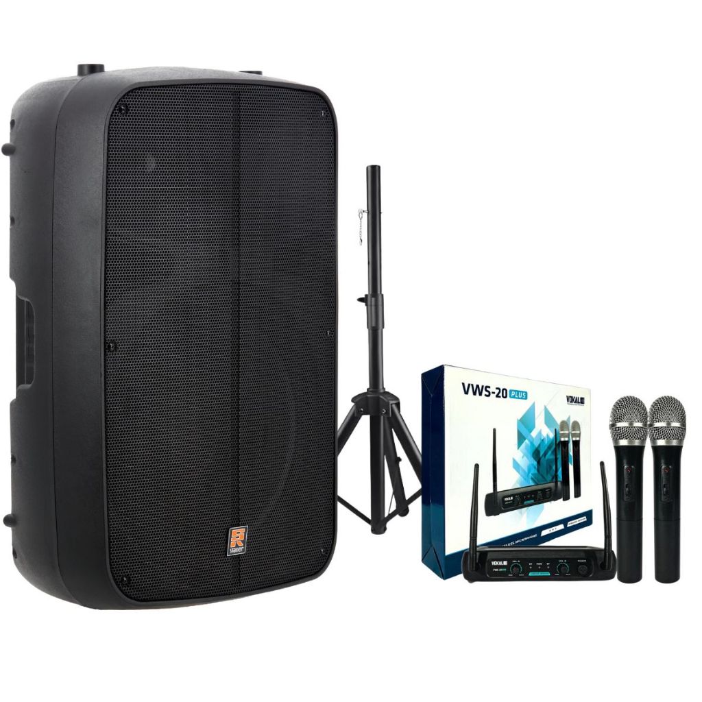 Kit Caixa De Som Amplificada Staner Sr315m Bluetooth + Microfone Sem Fio Duplo Vws20 + Tripé