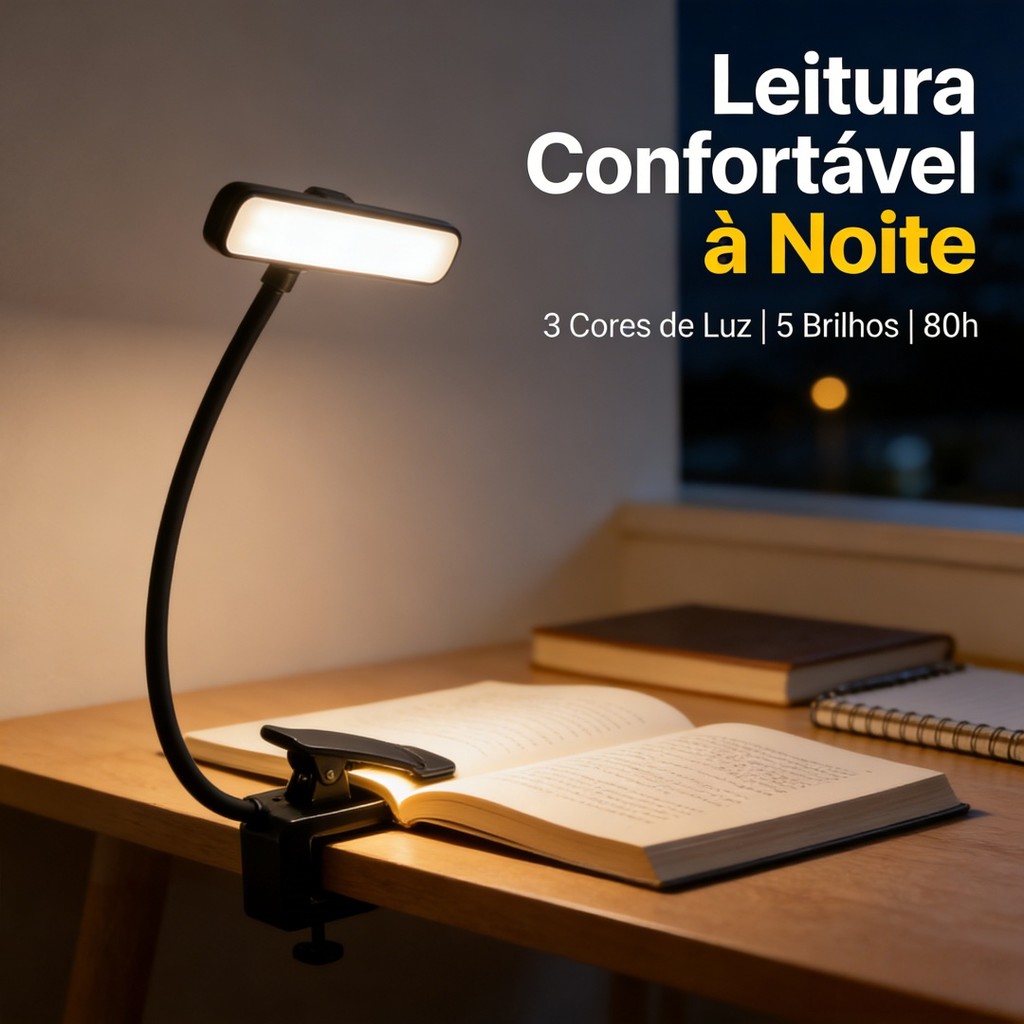 Luz De Leitura Para Livro Kindle Cabeceira Com Clipe Recarregável 24 LEDs