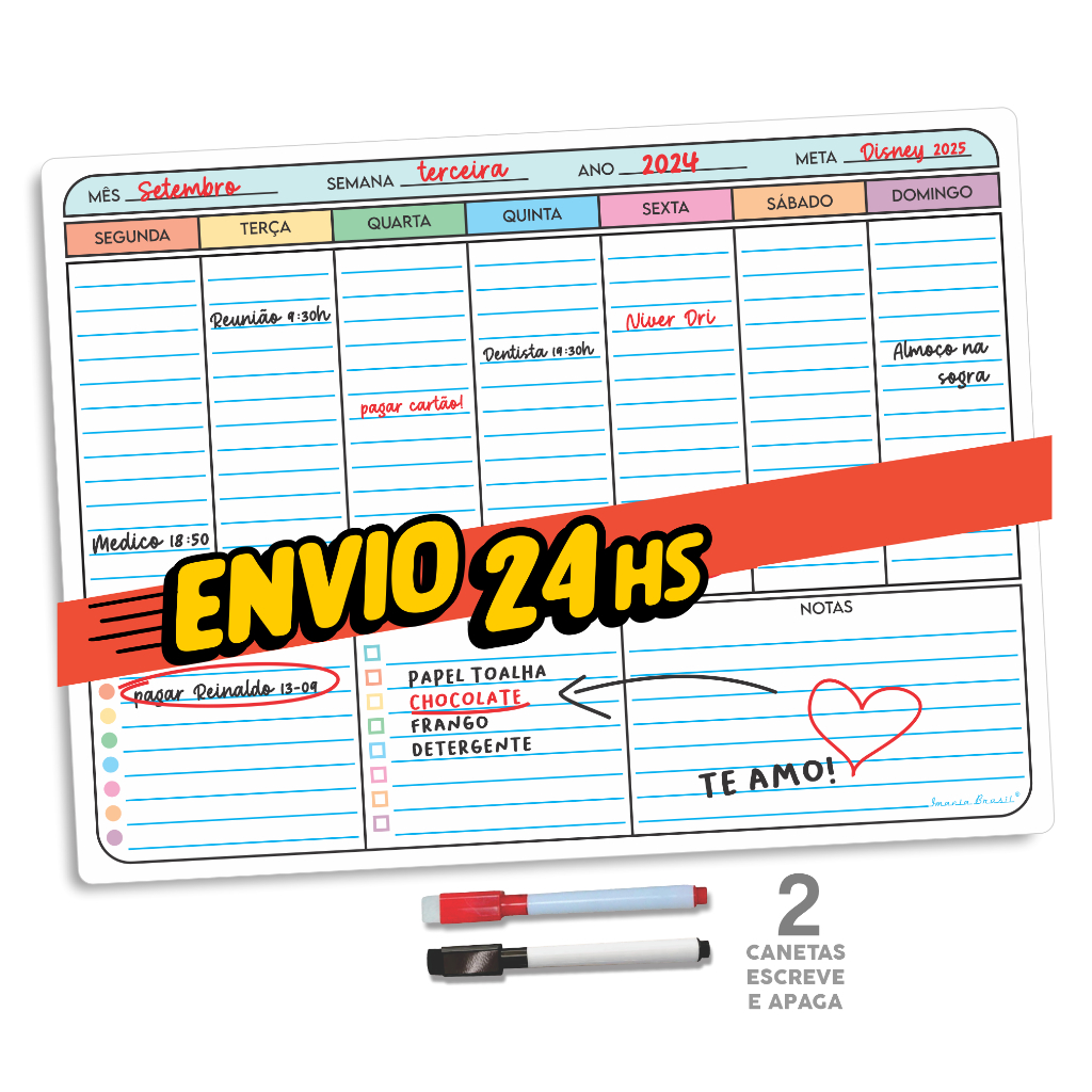 Mega Organizador Lousa Planner Magnético 2 Canetas C/ Apagador Decoração Geladeira