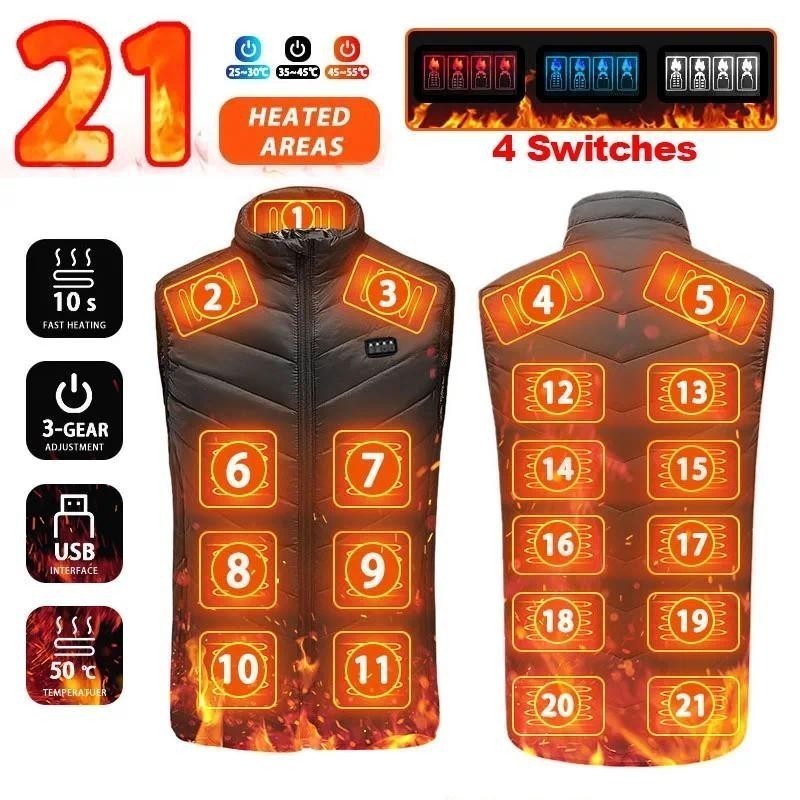 21 ZONAS DE AQUECIMENTO Colete Aquecido para Homens e Mulheres Jaqueta Aquecida de Inverno Quente USB Colete Térmico Aut