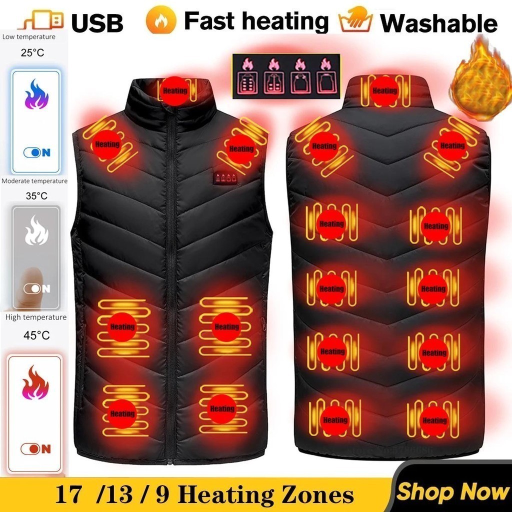 Colete Aquecido com 17/13 Zonas de Aquecimento para Homens e Mulheres, Jaqueta Aquecida USB, Colete Térmico, Roupa Térmi