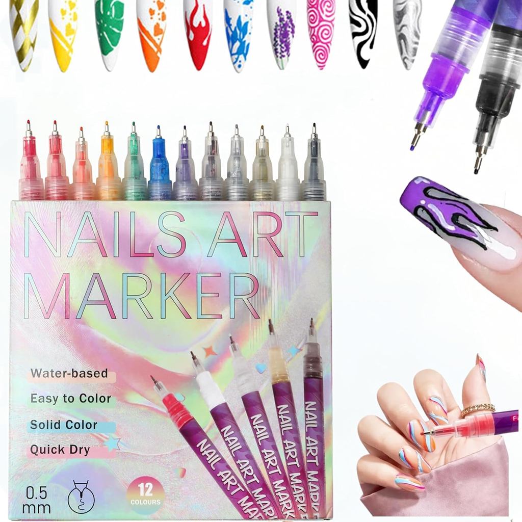 12 Colors Nail Art Pens Set, 2026 Upgrade Nail Marker, Fine Tip Nail Art Pen 0.5mm, Portable Art Tools for Home Sal