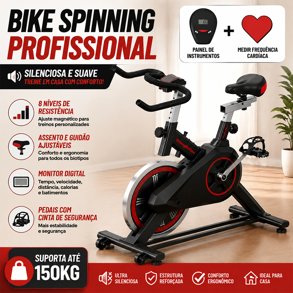 Bicicleta Bike Ergometrica Spinning Academia Fitness Profissional 120kg resistência magnética silenciosa ajustável