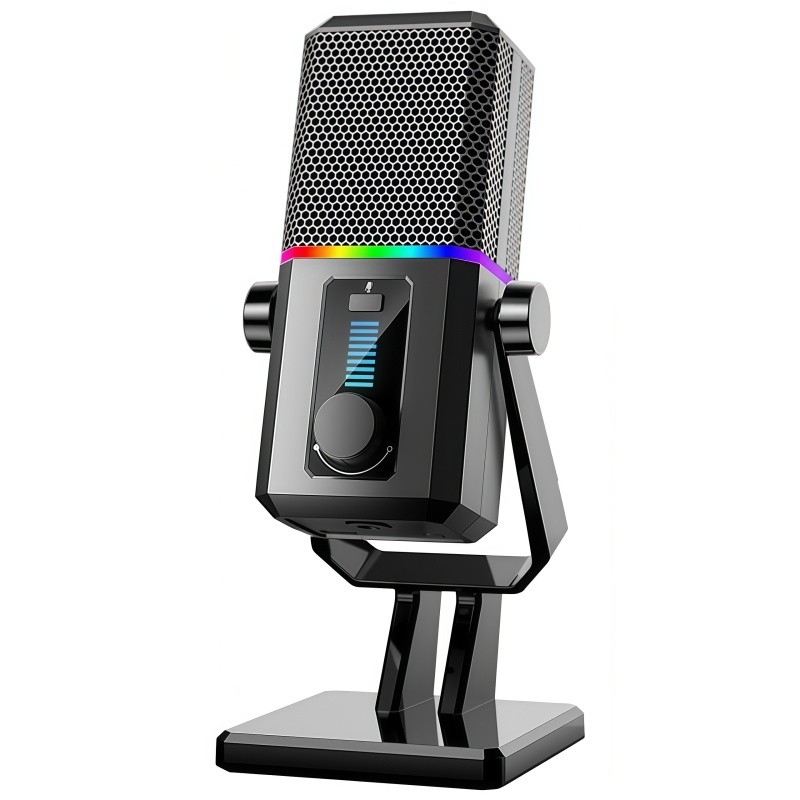 Microfone USB Gamer RGB Com Ajuste De Ganho E Monitoramento Em Tempo Real - Ideal Para Podcast Transmissão E Jogos