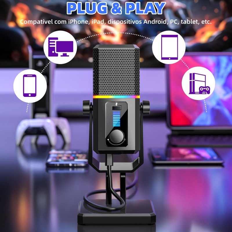 Microfone Gamer Condensador USB RGB Profissional Com Cancelamento Ruído E Mudo - Para PC PS4 PS5 Mac Streaming Podcast