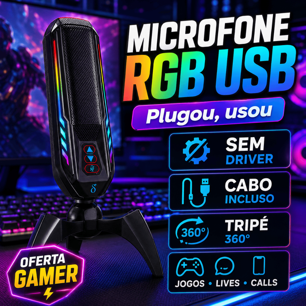 Microfone Gamer RGB USB Aitek Delta M346 Tripé 360° Live Podcast PC Plug Play