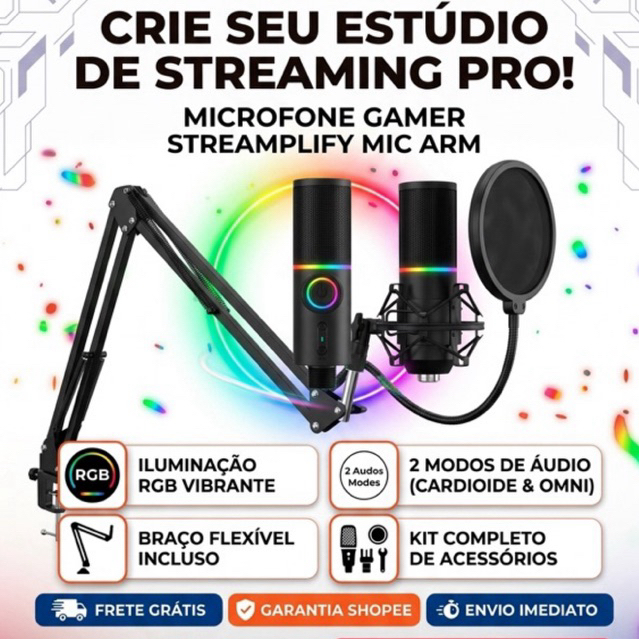 Microfone Gamer Streamplify Mic Arm Com Braço Flexível Preto RGB
