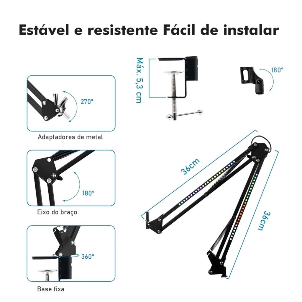 Suporte para Microfone Celular Braço Articulado e Iluminação RGB Ajustável Gamer Profissional Reforçado Metal + Controle
