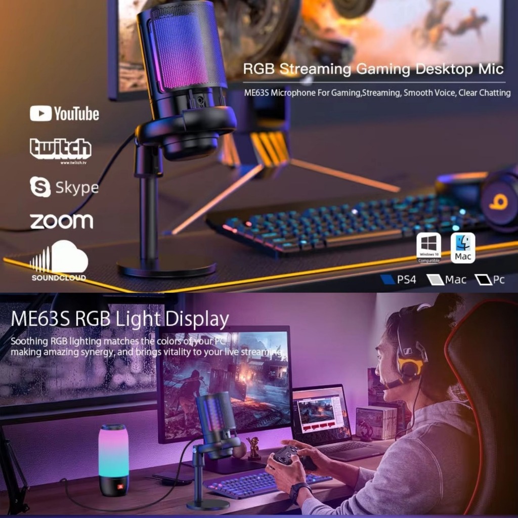 Microfone Condensador Gamer Led Rgb Gravação De Live Twich