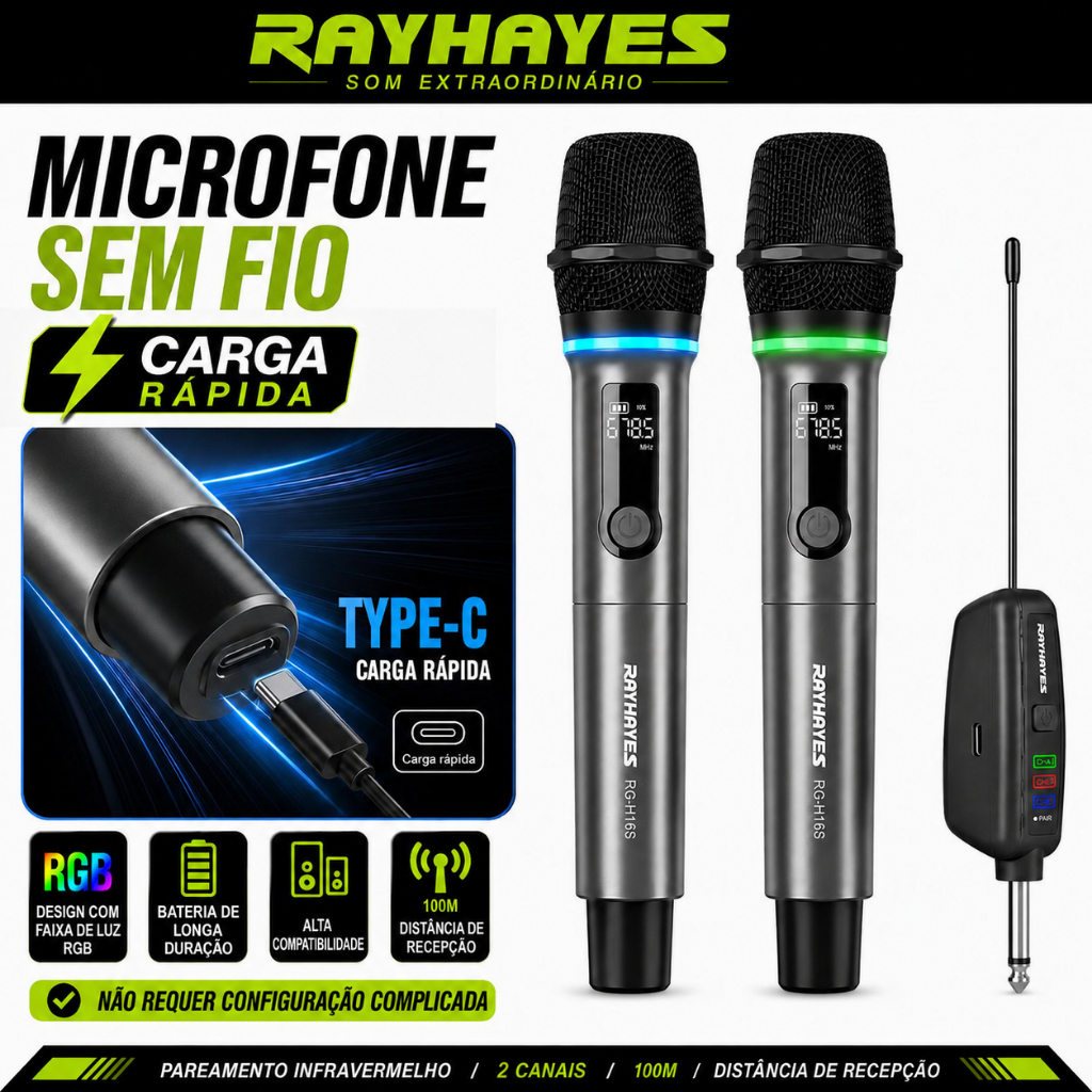 Microfone Sem Fio RAYHAYES RG-H16S Luz RGB Type-C para Karaokê Festa Palestra Live