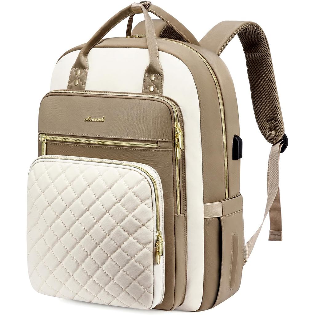 LOVEVOOK Laptop Backpack, D-Khaki-Beige, Unisex, 15.6in Laptop Compartment, 26L Capacity, 18 Pockets, Ergonomic Shoulder
