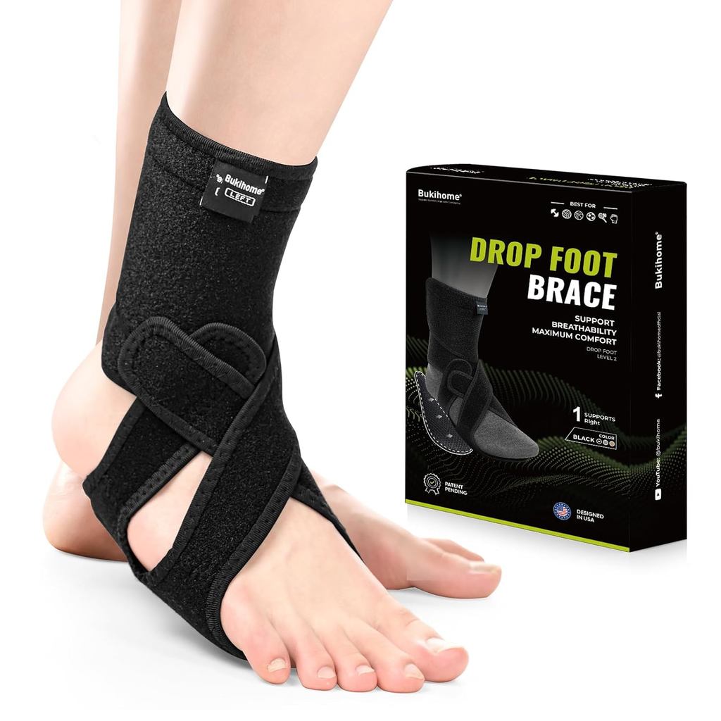 Bukihome Adjustable AFO Foot Drop Brace - Support for Walking with Shoes, Socks, or Barefoot - Relieves Foot Drop,