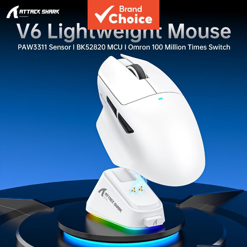 Mouse Gaming Ultraleve ATTACK SHARK V6 PAW3311 Tri-Modo com Dock de Carregamento Magnético